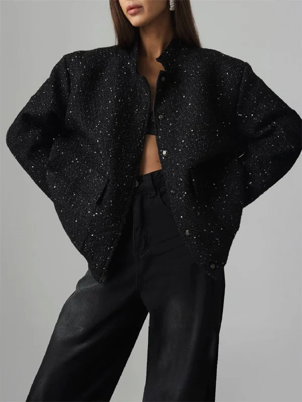 Women's double - breasted tweed jackets in classic colors for a sophisticated office lookSequin Detail Pocketed Long Sleeve Jacket Women's double - breasted tweed jackets in classic colors for a sophisticated office lookSequin Detail Pocketed Long Sleeve Jacket