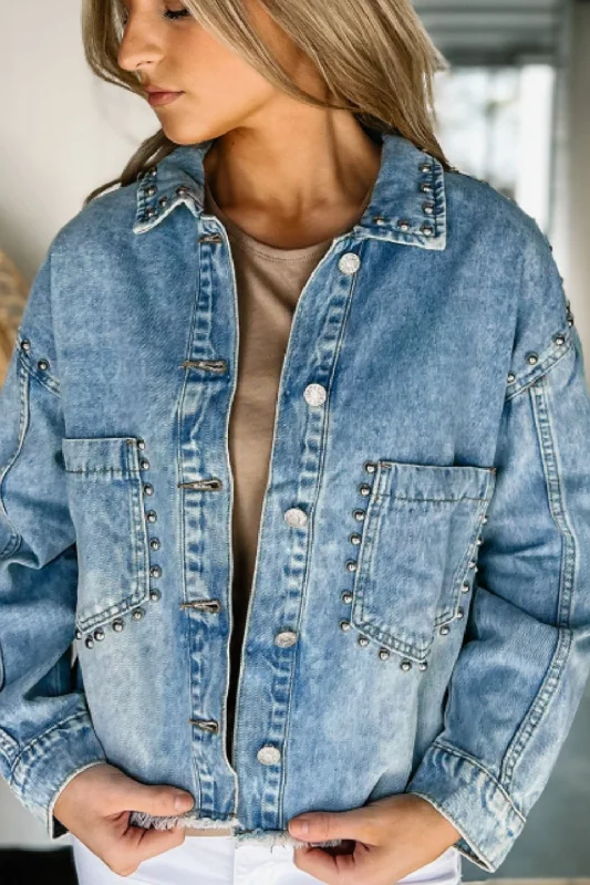 Women's shearling - lined suede jackets for ultimate warmth and luxuryStudded Acid Wash Long Sleeve Denim Jacket